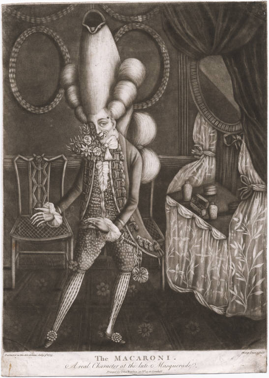 El macaroni. Por Philip Dawe. Londres. Impreso por John Bowles, 1773. © Lewis Walpole Library.