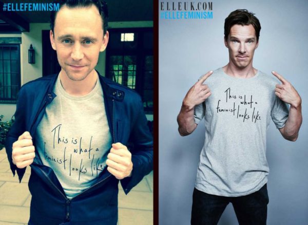 La campaña de Elle UK, "This is what a feminist looks like" que reunió a grandes personalidades para lucir la playera característica de la firma.  Aquí, Tom Hiddleston y Benedict Cumberbatch posando con ella. Sin embargo, hubo denuncias de que se fabricaron en condiciones indignantes. Foto: Elle UK